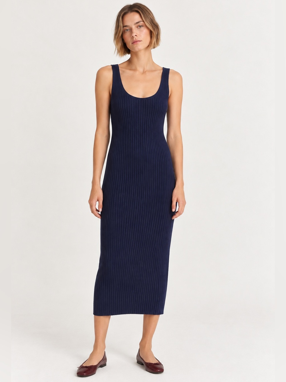 ZARA Navy Ribbed Knit Midi Dress 90s Minimalist Scoop Back Column Size Small
